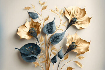 Elegant golden and blue flowers and branches on light background. Vintage floral decor for postcard. Fantastic plant 3d illustration