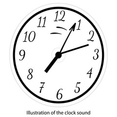 Illustration of the sound of the clock ticking. Round clock face. Graphic black and white isolated drawing. The ticking of the clock hands.