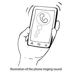 Illustration of a phone call. A phone call.Graphic black and white isolated drawing. The hand holds the phone. The phone rings.Answer the call.