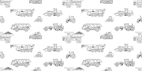 Vector seamless pattern. Hand drawn, doodle black and white construction and quarry machinery and heavy transport on an isolated background. Dump truck, grader, loader, tractor, bulldozer and crane.