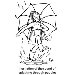Illustration of the sound of footsteps in puddles.Graphic black and white isolated drawing.A girl with an umbrella jumps through puddles. It's fun to jump through puddles. Summer rain. Cute girl