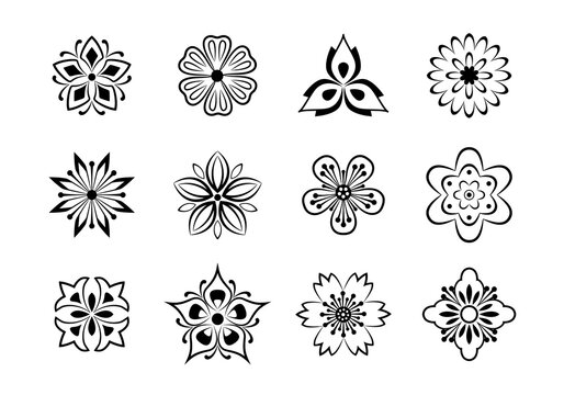 Flowers black and white icon set. Line art blooming flowers in flat style. Trendy outline symbols. Decorative design element for printing or interior.
