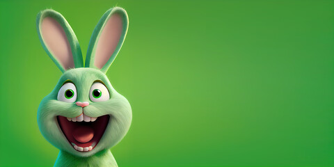 Happy smiling green easter rabbit on green background, copy space.