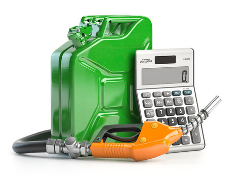 Cost of fuel calculation concept. Gas pump nozzle, gasoline canister amd calculator isolated on white.