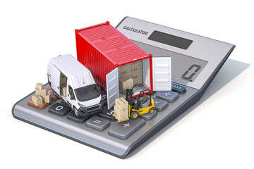 Calculating od delivery shipping and transportation costs. Van with cardboard boxes and shipping container on calculator.
