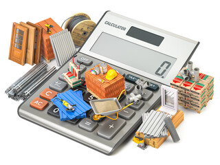 Building and  construction materials and tool on calculator. Calculating costs of construction and renovation concept.