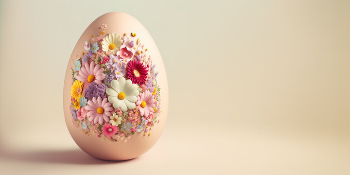Easter egg decorated with flowers, copy space, neutral pastel background.
