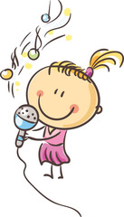 Little happy girl singing song. Kid creative activities clipart, isolated on white, vector illustration.
