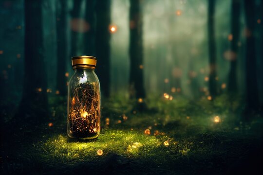 Jar in Magical Forest. Generative AI.	