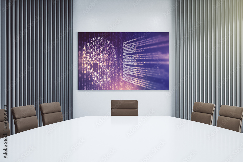 Aufkleber Creative concept of code skull illustration on presentation screen in a modern conference room. Hacking and phishing concept. 3D Rendering
