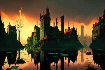 Naklejka premium Swamp fantasy landscape digital illustration high quality. Generative AI 