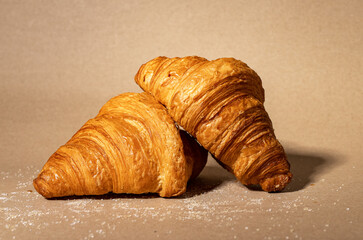 French croissants composition on kraft. Sweet bakery. Bake dessert, food
