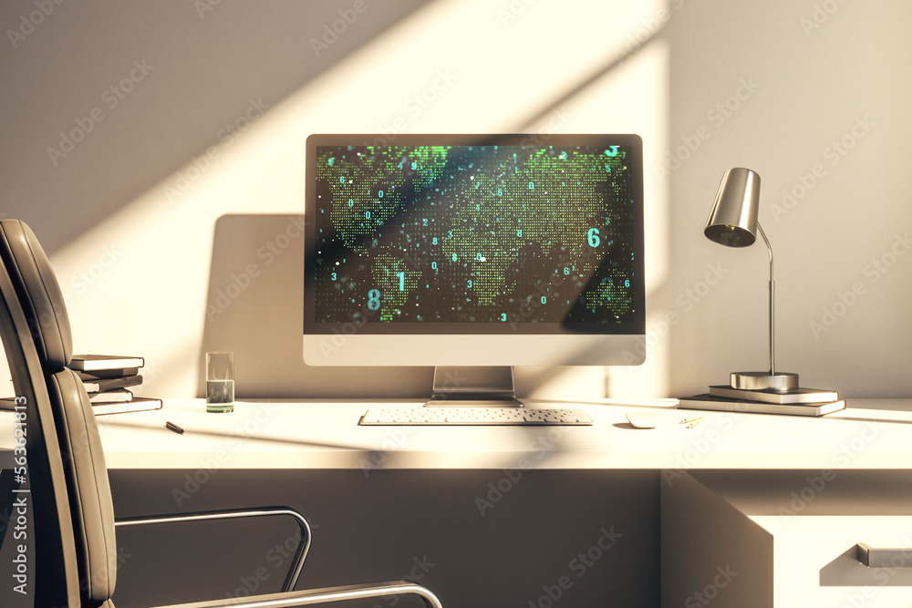 Poster Computer monitor with abstract creative programming illustration and world map, big data and blockchain concept. 3D Rendering