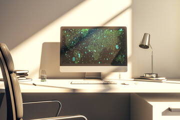 Computer monitor with abstract creative programming illustration and world map, big data and blockchain concept. 3D Rendering