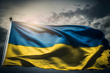 The flag of Ukraine in blue and yellow, flying on the tower. Generative AI