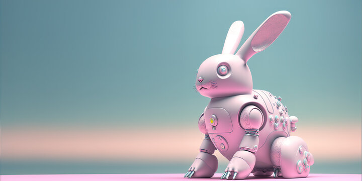 Robot easter rabbit in pastel colours with copy space, Easter concept. Generative AI.
