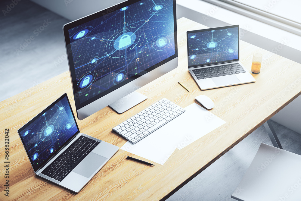 Poster Creative idea concept with lock symbol and microcircuit illustration on modern laptop screen. Protection and firewall concept. 3D Rendering