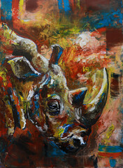 Abstract portrait of a colorful rhino. Modern expressionist handmade oil painting