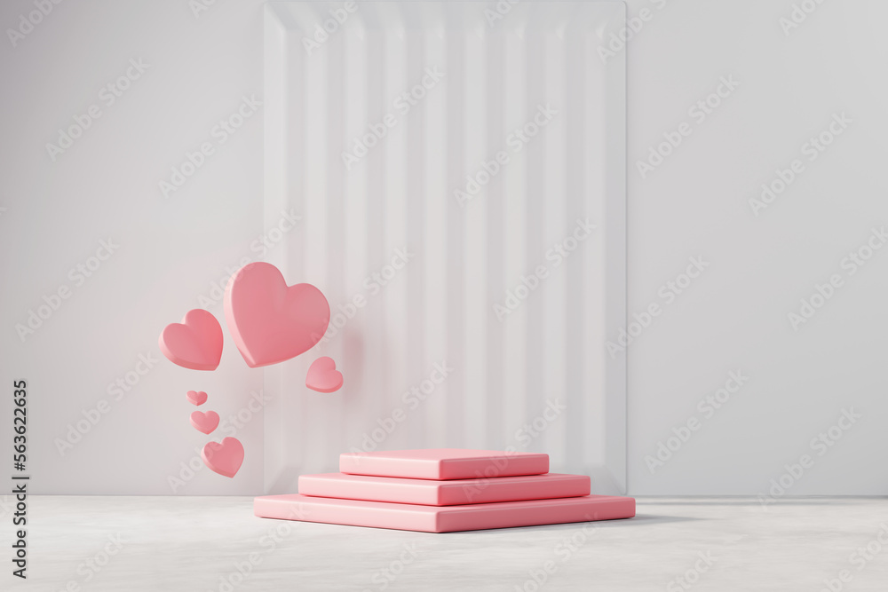 Poster valentine's day stage podium mock up with heart product display showcase 3d rendering