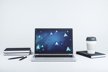 Creative abstract GPS locator sketch with world map on modern computer monitor, monitoring and tracking concept. 3D Rendering