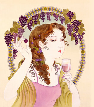 大正浪漫 昭和レトロ 紫のぶどうを背景にワインを持つ女性