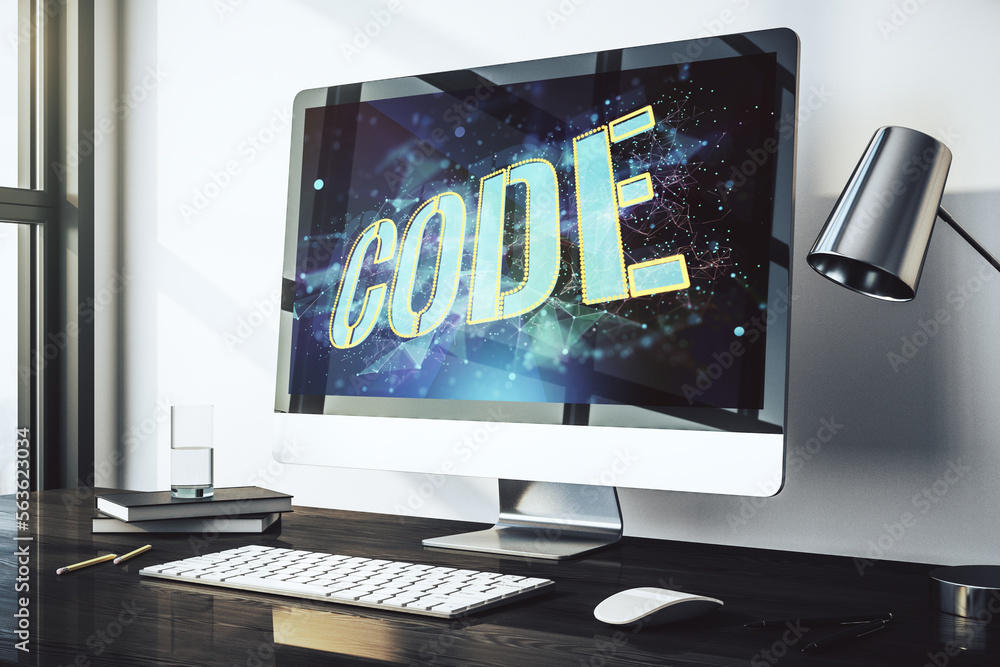 Poster creative code word sign on modern computer monitor, international software development concept. 3d r