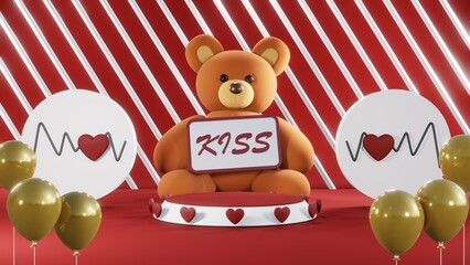 3D rendering of red podium for Valentine products on Valentine's Day.