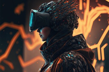 Illustration of person from the future with virtual reality glasses connected to the metaverse. Generative AI