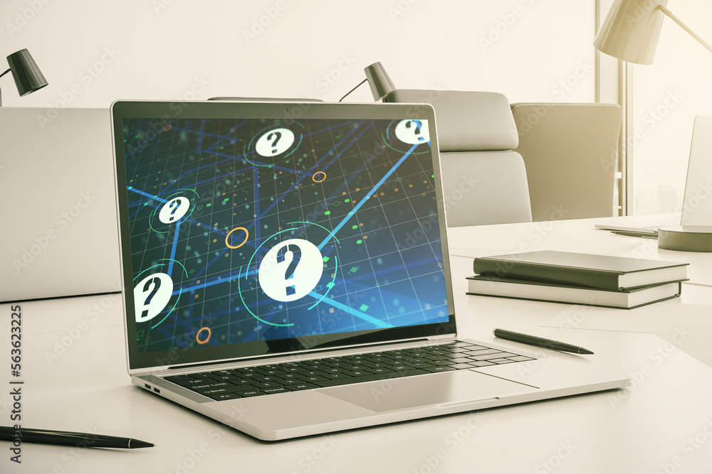 Aufkleber modern computer monitor with question mark hologram. sociology and psychology concept. 3d rendering
