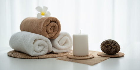 Obraz na płótnie Canvas Spa accessory composition set in day spa hotel , beauty wellness center . Spa product are placed in luxury spa resort room , ready for massage therapy from professional service .