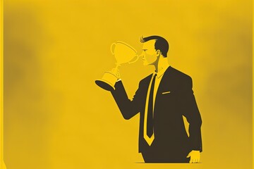 Digital illustration of businessman with trophy, yellow background. Generative AI