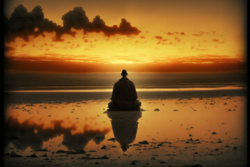 Buddhist monk meditating on calm lake at morning sunrise . Mind faith and meditation concept. Peculiar AI generative image. - obrazy, fototapety, plakaty