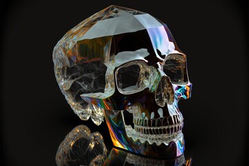 Crystal skull illustration with octagonal shapes, dark background. Generative AI