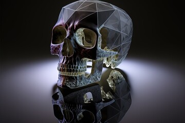 Crystal skull illustration with octagonal shapes, dark background. Generative AI