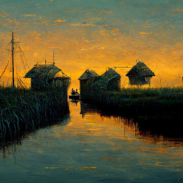 generative AI illustration of cottages and sunset over the lake