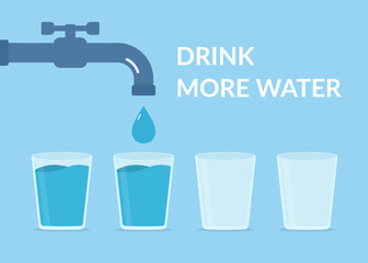 Drink more water concept with tap and glasses with water
