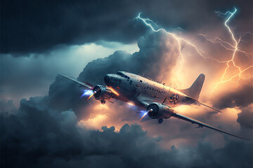 avião passando por tempestade com raios  - obrazy, fototapety, plakaty