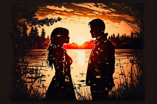 casal apaixonado em frente ao lago com lindo por do sol 