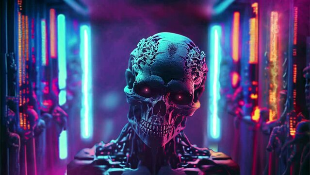 Creepy undead zombie skull in a hellish smoky environment seamless loop 3D video animation. Evil nightmare motion halloween background.