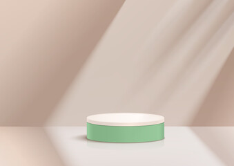 Dark light green and light brown cylinder platform. podium with window lighting light brown color abstract wall scene.