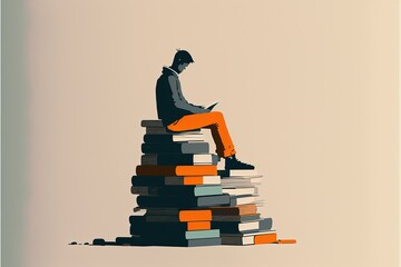 Digital illustration of man sitting on a pile of books, background. Generative AI