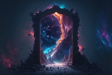 Mystical portal in space, with nebubula and immensity of space in the background, beautiful neon colors . generative AI - obrazy, fototapety, plakaty