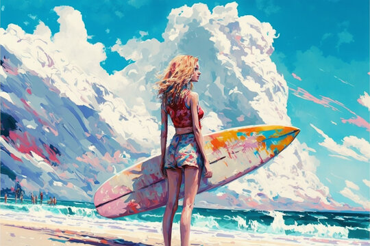 A woman holding a colorful surfboard standing on the beach looking right, Generative AI