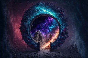 Mystical portal in space, with nebubula and immensity of space in the background, beautiful neon colors . generative AI - obrazy, fototapety, plakaty