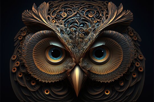 Digital illustration of the face of a mystical owl with incredible shapes. Generative AI