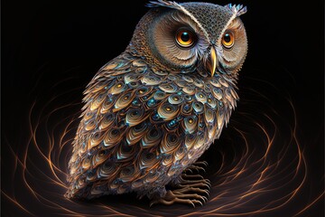 Digital illustration of a mystical owl with amazing shapes, black background. Generative AI