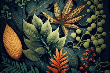 Background with different types of plants. AI digital illustration