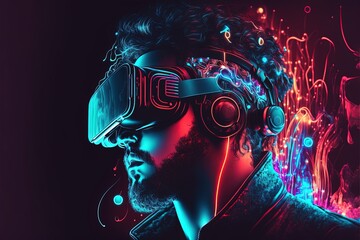 Man with virtual reality glasses inserted into metaverse, realistic neon lights. AI digital illustration
