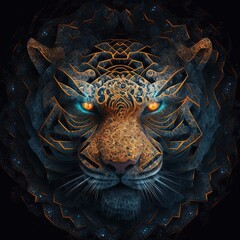 Mystic tiger face with amazing shapes and frightening look. AI digital illustration