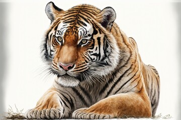 Beautiful tiger with imposing pose on white background. AI digital illustration